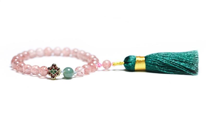 Strawberry Crystal Green Agate Beads Tassel Bracelet