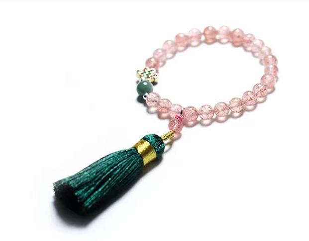 Strawberry Crystal Green Agate Beads Tassel Bracelet