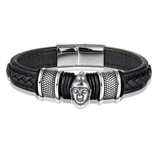 Titanium Buddha Lucky Leather Bracelet