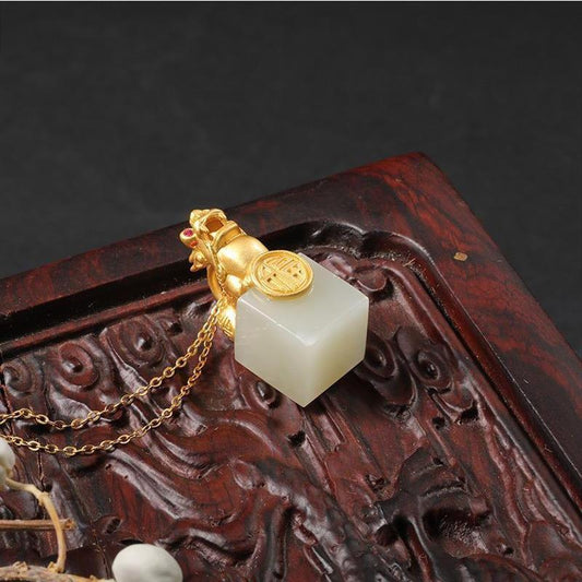 925 Sterling Silver Gold-plated Pixiu White Jade Seal Pendant Vintage Wealth Necklace - Attract Fortune