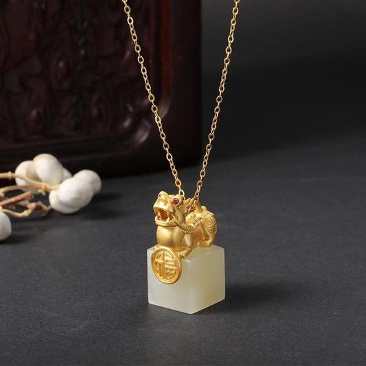 925 Sterling Silver Gold-plated Pixiu White Jade Seal Pendant Vintage Wealth Necklace - Attract Fortune